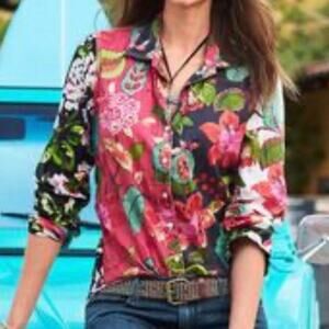 CINO | Floral Top Blouse Cotton Roll Tab Sleeves Mixed Print Button | Size Large